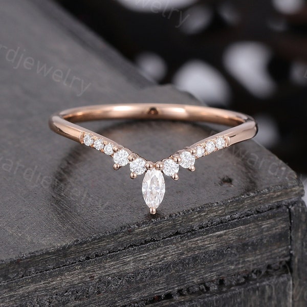 Marquise cut Moissanite Curved Wedding band Unique Rose Gold wedding band Matching Stackable ring Promise Anniversary ring gift for women
