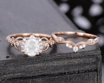 Pear shaped Moissanite engagement ring set Unique Rose gold Diamond engagement ring Cluster wedding Bridal set Promise Anniversary ring