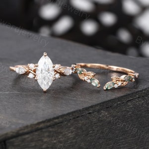 Marquise cut Moissanite engagement ring set Unique Rose gold Moss agate ring Alexandrite ring Bridal ring Leaf Promise ring Anniversary ring