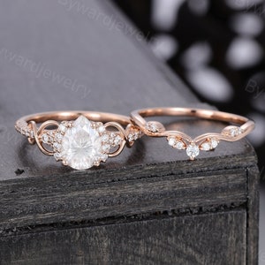 Pear shaped Moissanite engagement ring set Unique Rose gold Diamond engagement ring Cluster wedding Bridal set Promise Anniversary ring