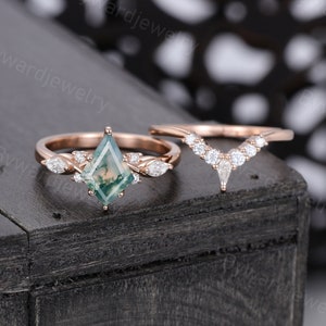 Kite cut Moss Agate engagement ring set women Rose gold engagement ring Marquise Diamond wedding Bridal set Promise Anniversary gift for her