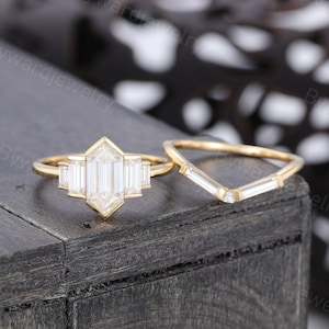 Long Hexagon cut Moissanite engagement ring set Unique Yellow gold ring Baguette Curved wedding ring Bridal Promise ring Anniversary ring