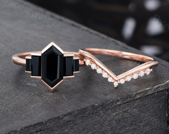 Long Hexagon cut Black onyx engagement ring set Unique Rose gold ring Vintage Baguette cut ring Curved Moissanite Diamond ring Bridal set