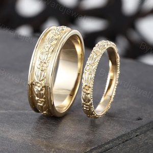 Paare Ring Set Massives Gelbgold Filigrane Eheringe Set Einzigartige Seine und Sie Ehering Stapelring Passender Ring Verlobungsring