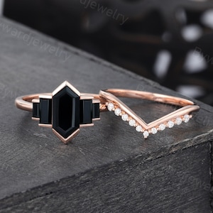 Long Hexagon cut Black onyx engagement ring set Unique Rose gold ring Vintage Baguette cut ring Curved Moissanite Diamond ring Bridal set