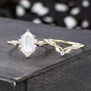 Long Hexagon cut 6x12MM Moissanite engagement ring set Unique Kite cut Diamond ring Yellow gold Bridal set Promise ring Anniversary ring
