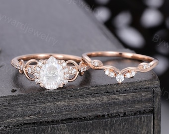 Pear shaped Moissanite engagement ring set Unique Rose gold Diamond ring vintage Cluster wedding ring set Promise ring Anniversary ring