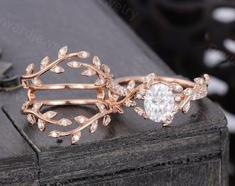 Leaf Oval cut Moissanite engagement ring set 14k rose gold Twig Diamond engagement ring woman wedding Bridal ring Promise Anniversary ring