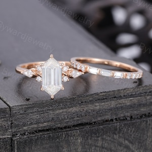 Elongated Hexagon cut Moissanite engagement ring set Unique Rose gold Baguette cut Diamond wedding band Bridal ring set Anniversary gift