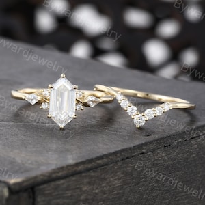 Elongated Hexagon cut Moissanite engagement ring set Unique Kite cut diamond ring Yellow gold ring Bridal ring Promise set Anniversary ring