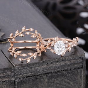 Leaf Oval cut Moissanite engagement ring set rose gold Twig band Diamond ring woman wedding set Bridal ring Promise ring Anniversary ring