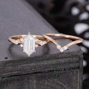 Elongated Hexagon cut Moissanite engagement ring set Unique Kite shaped Rose gold wedding band Bridal ring Promise Anniversary ring