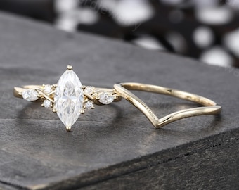 Marquise cut Moissanite engagement ring set Unique Yellow gold ring Diamond ring Bridal ring set Plain band promise ring Anniversary ring