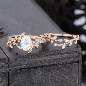 Unique Oval cut Moissanite engagement ring set 14k rose gold Diamond engagement ring leaf ring Bridal ring set Promise Anniversary ring