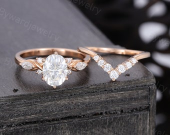 Oval cut Moissanite engagement ring set Unique Rose gold engagement ring woman twig Marquise wedding set Bridal promise Anniversary gift