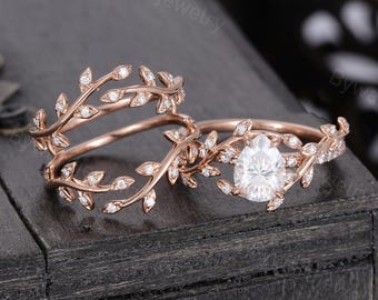 Unique Pear shaped Moissanite engagement ring set vintage Rose gold ring leaf ring set Twig band Bridal set promise ring Anniversary ring