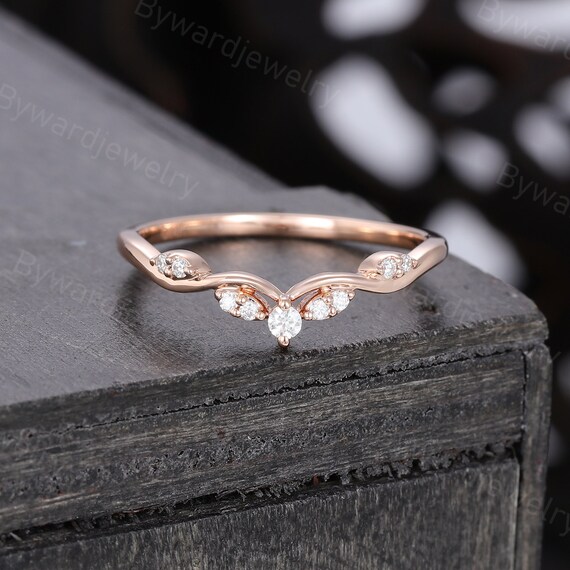 Vintage Moissanite Curved Wedding Band Unique 14k Rose Gold