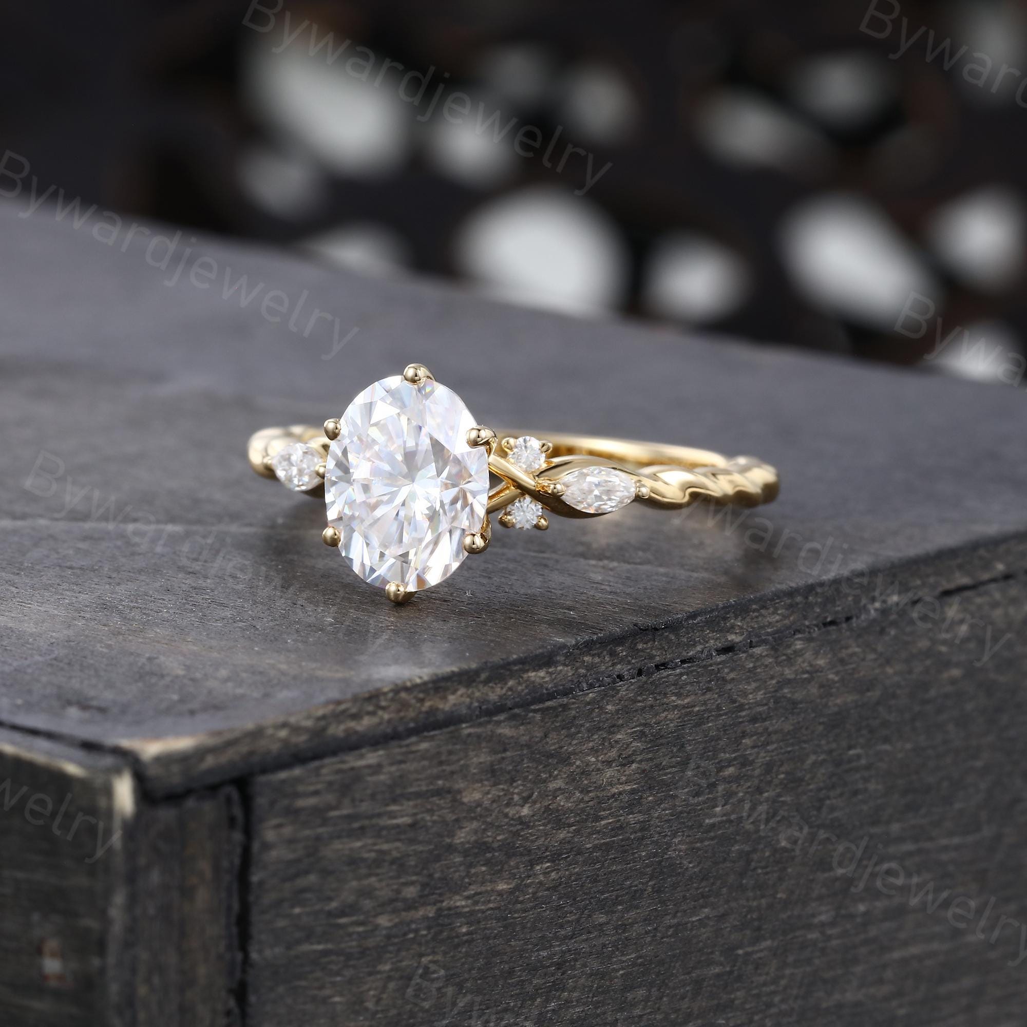 Oval Cut 2ct Moissanite Engagement Ring Unique Yellow Gold Ring 3 