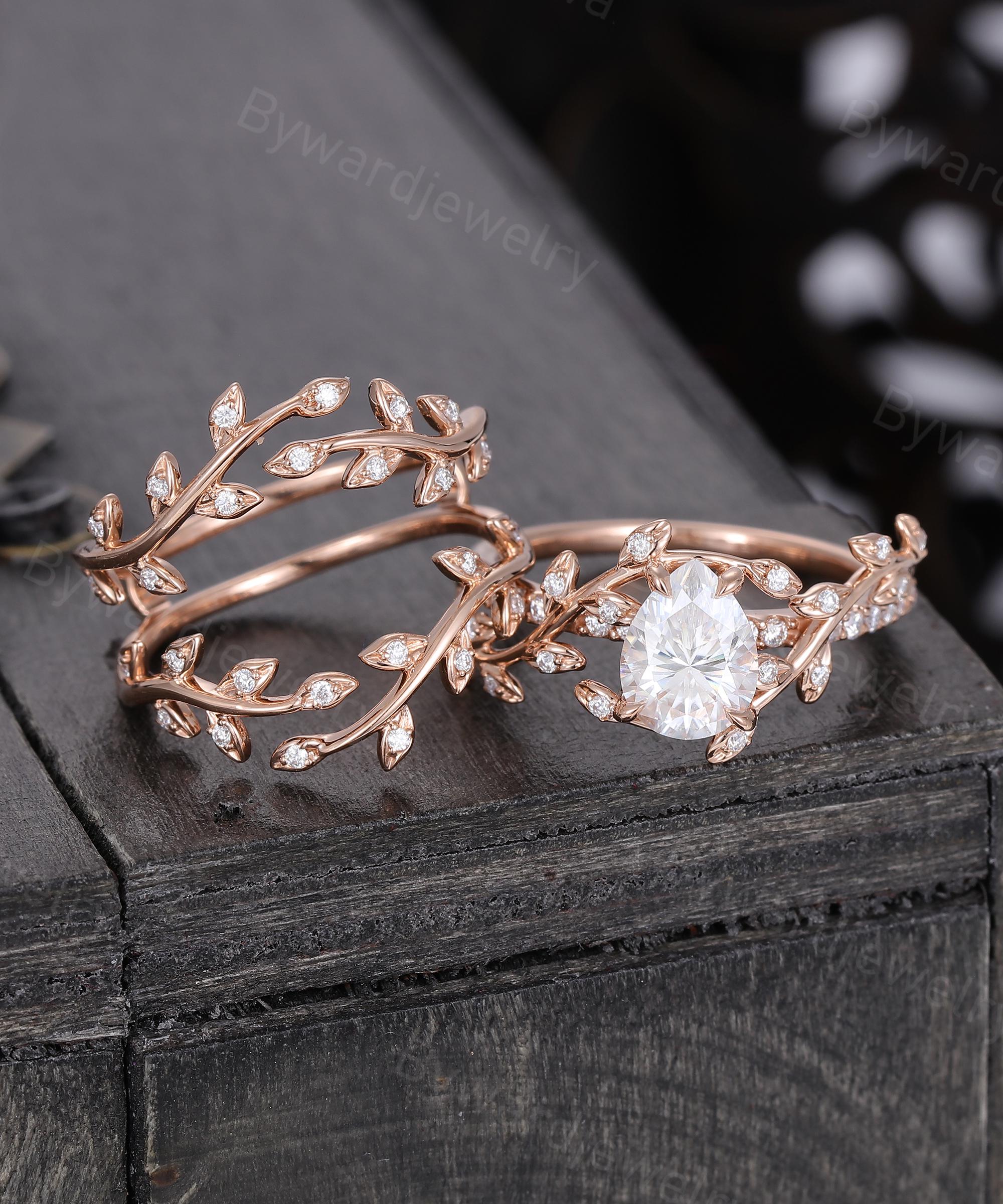 Unique Pear Shaped Moissanite Engagement Ring Set Vintage Rose 