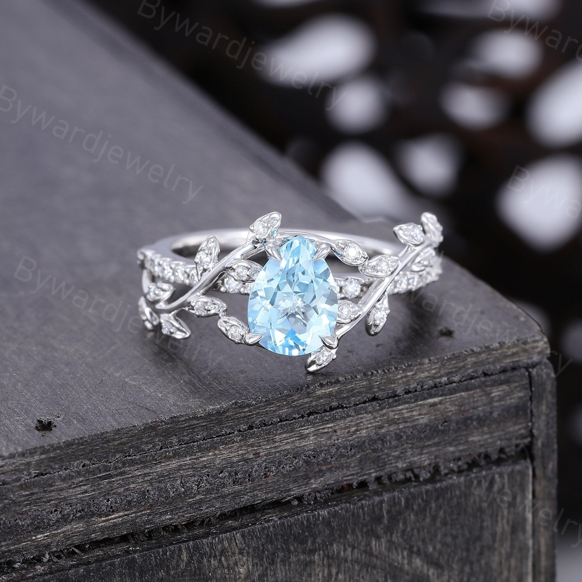 Pear shaped Aquamarine engagement ring Vintage Leaf ring White gold Moissanite ring Diamond ring Bridal ring Promise ring Anniversary ring