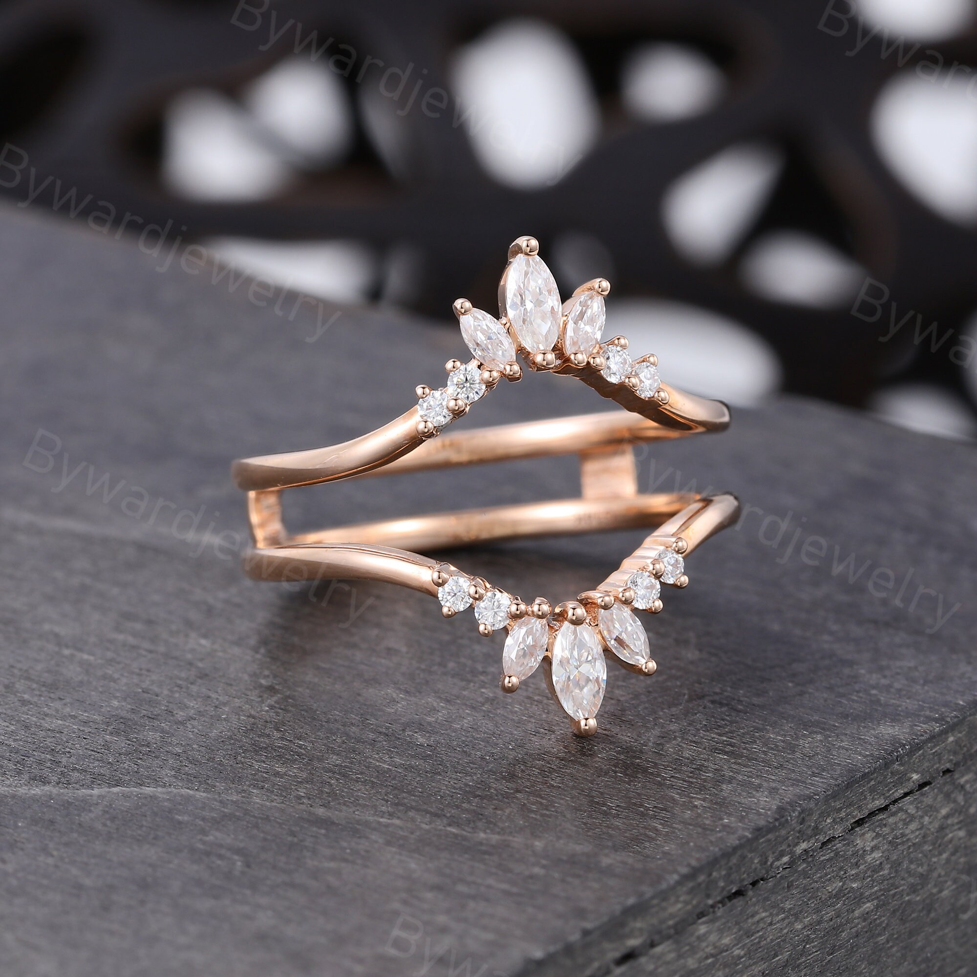 Marquise Cut Moissanite Double Curved Wedding Band Vintage Rose Gold ...