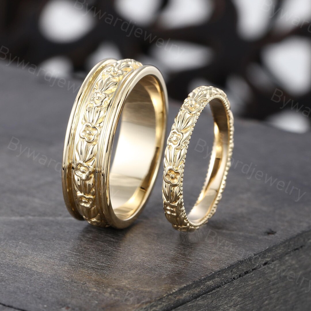 Couples Ring Set Solid Yellow Gold Filigree Wedding Rings Set Unique ...