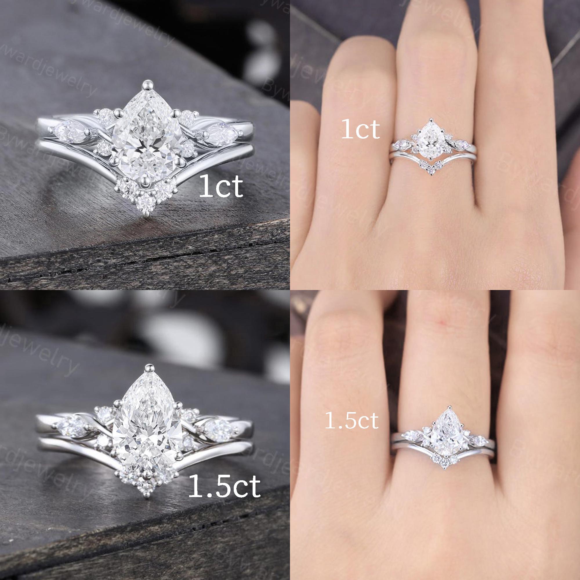 Unique Pear Shaped Lab Grown Diamond Engagement Ring Set White Gold ...