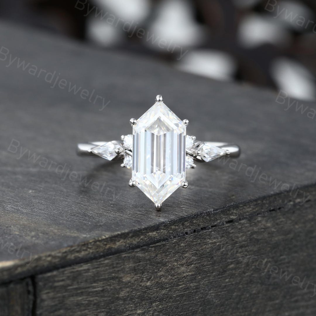 Long Dimond Rings 2CT Long Hexagon Cut Lab Grown Diamond Engagement Ring Unique White ...