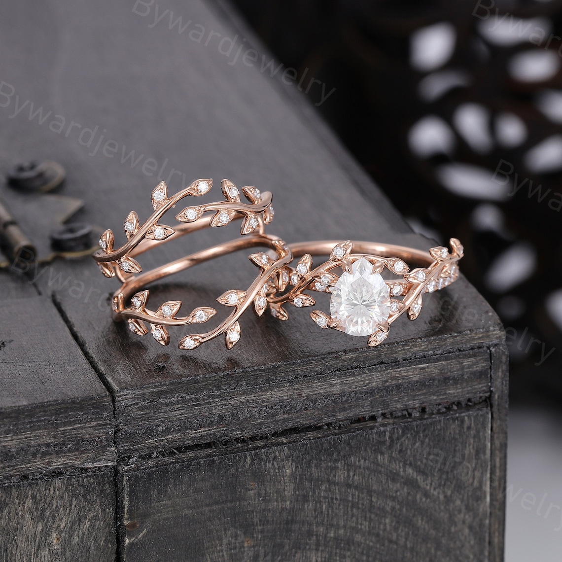 Unique Leaf Pear shaped Moissanite engagement ring set Twig Bridal Set