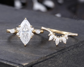 2CT Marquise cut Moissanite engagement ring set Vintage Solid Yellow gold ring wedding ring Bridal set Promise ring Anniversary ring