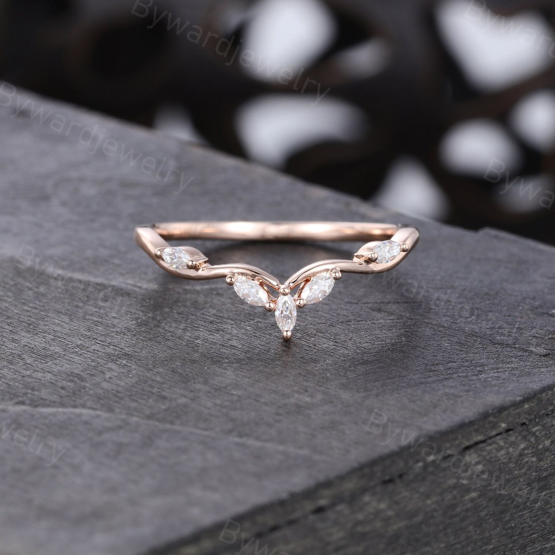 Marquise Cut Moissanite Curved Wedding Band Unique Rose Gold Ring ...