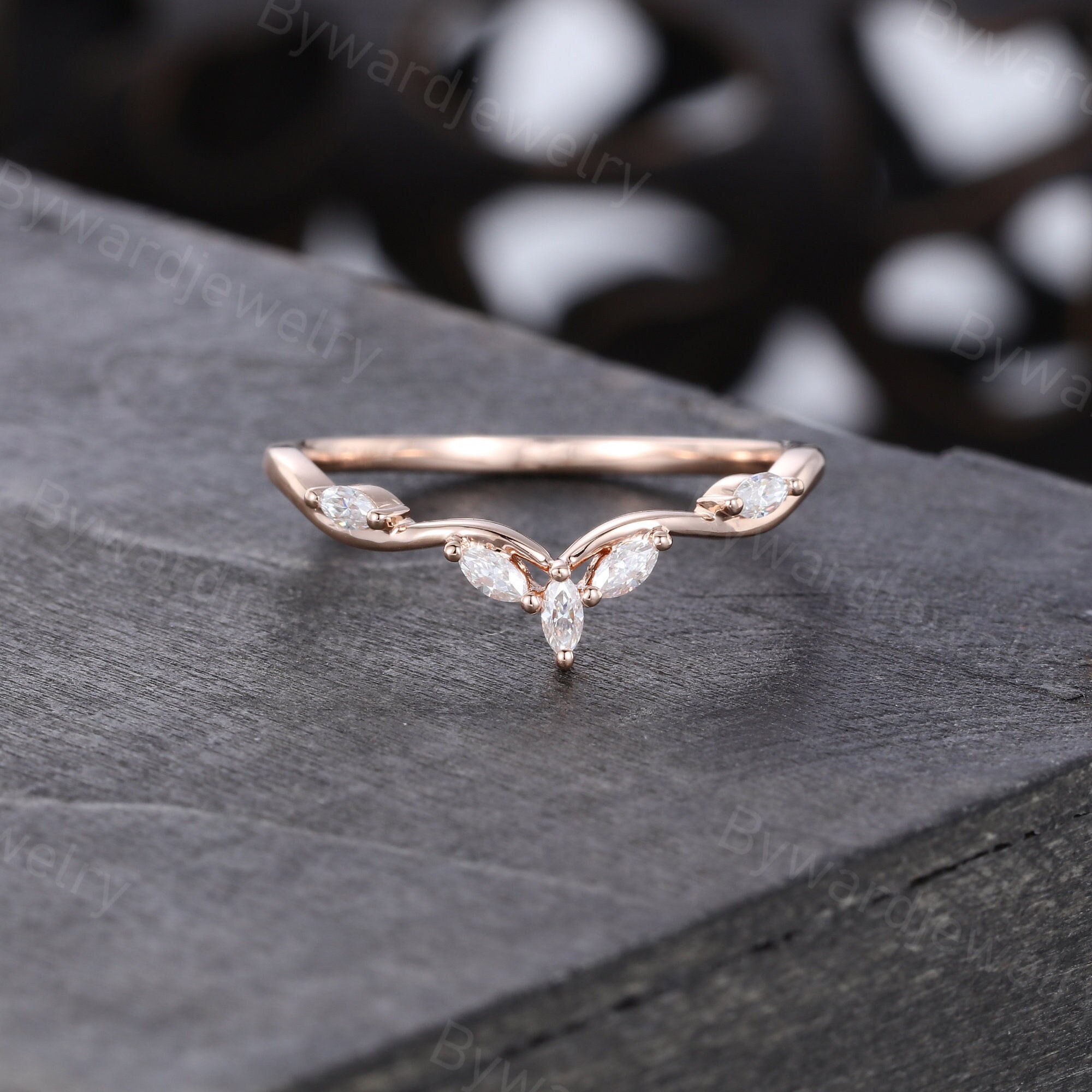 Marquise Cut Moissanite Curved Wedding Band Unique Rose Gold Ring ...