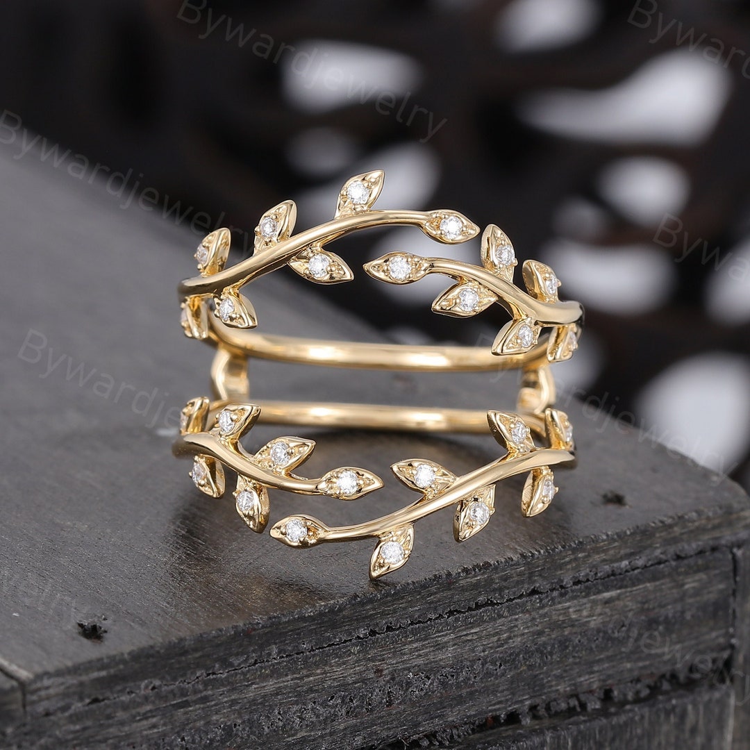 Unique Leaf Moissanite Curved Wedding Band Vintage Twig Yellow Gold ...