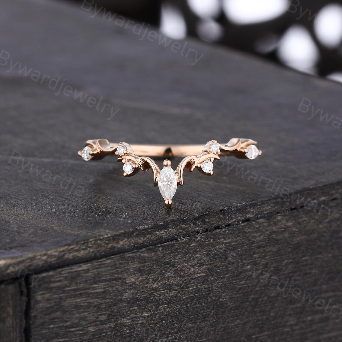Marquise Cut Moissanite Curved Wedding Band Unique Yellow Gold Ring ...