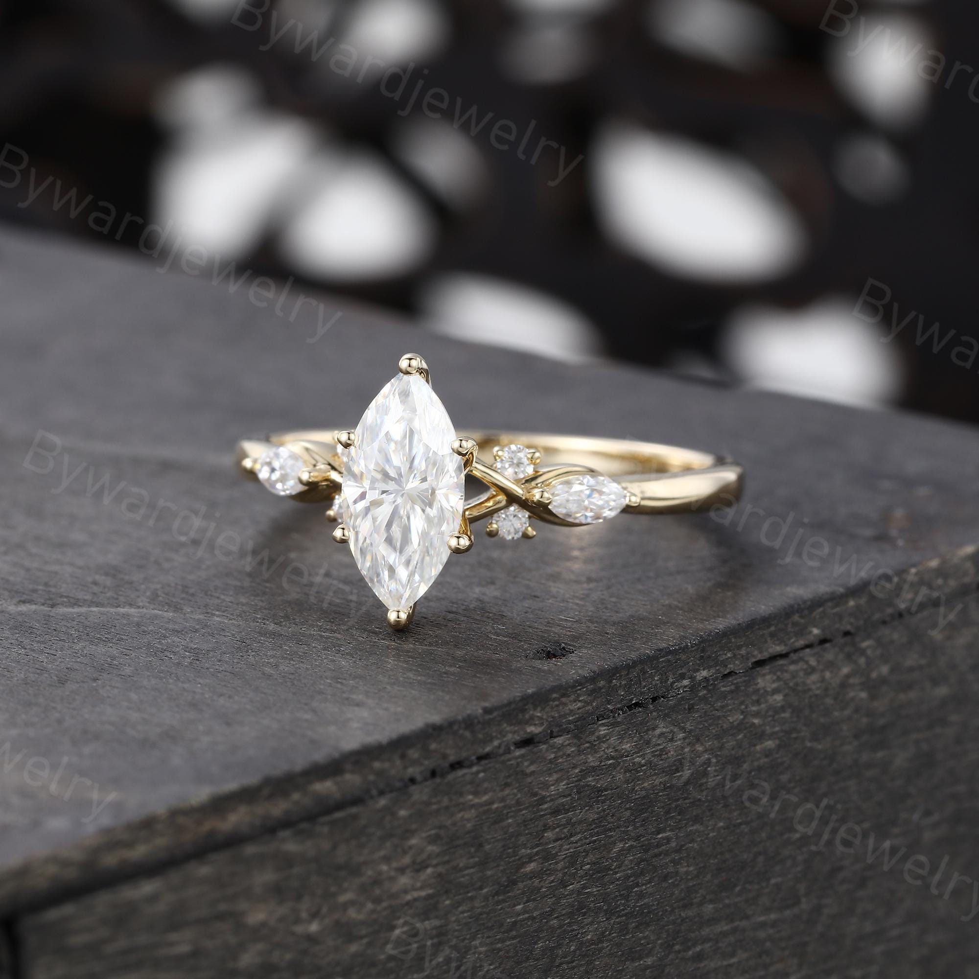 Marquise Cut Moissanite Engagement Ring Unique Yellow Gold Ring Vintage ...