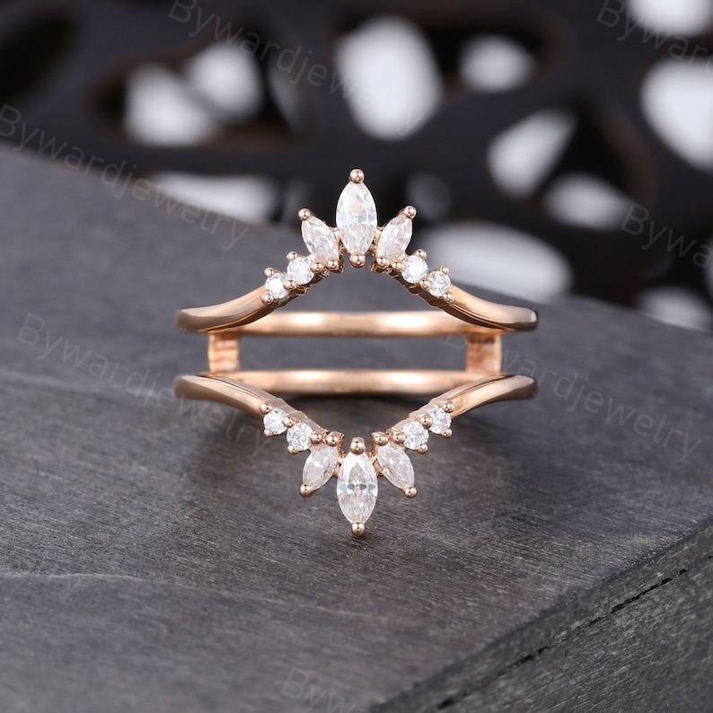 Marquise Cut Moissanite Double Curved Wedding Band Vintage Rose Gold ...