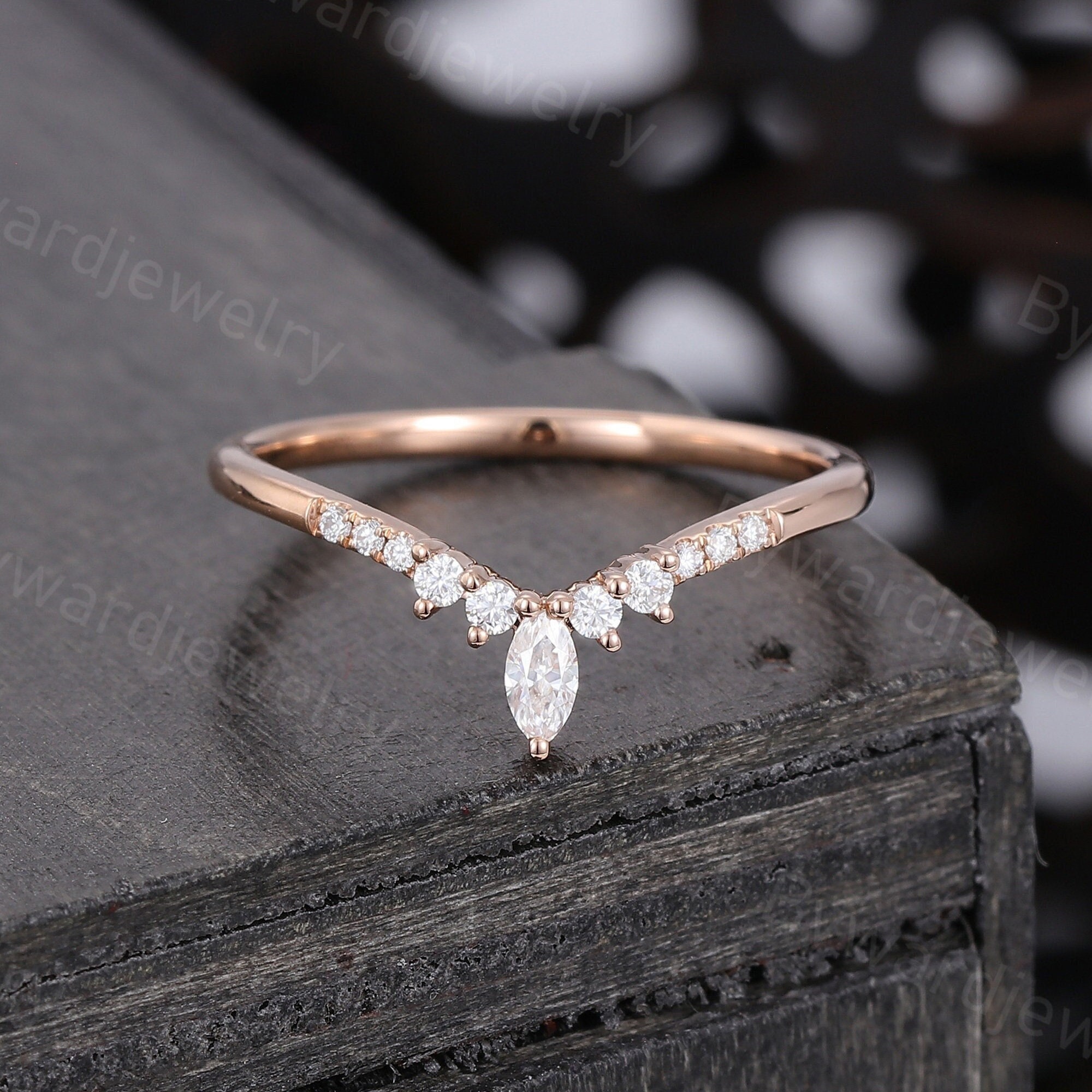Marquise Cut Moissanite Curved Wedding Band Unique Rose Gold Wedding ...