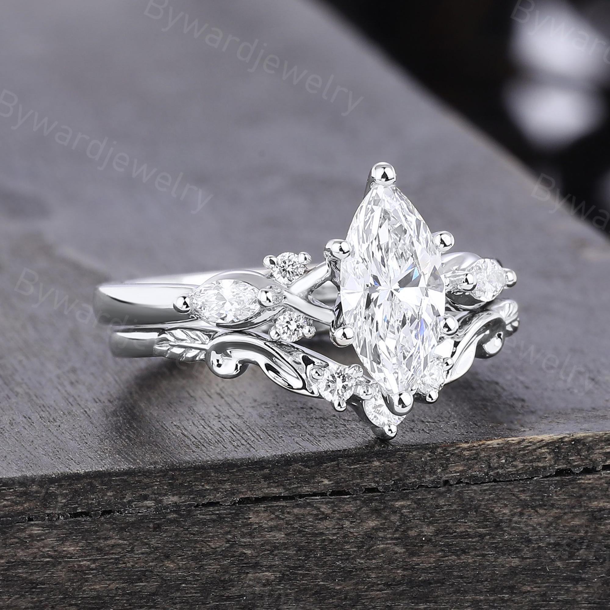 1CT Marquise Cut Lab Grown Diamond Engagement Ring Set Unique White ...