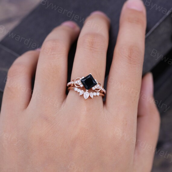 Princess Cut Black Onyx Engagement Ring Set Unique Rose Gold