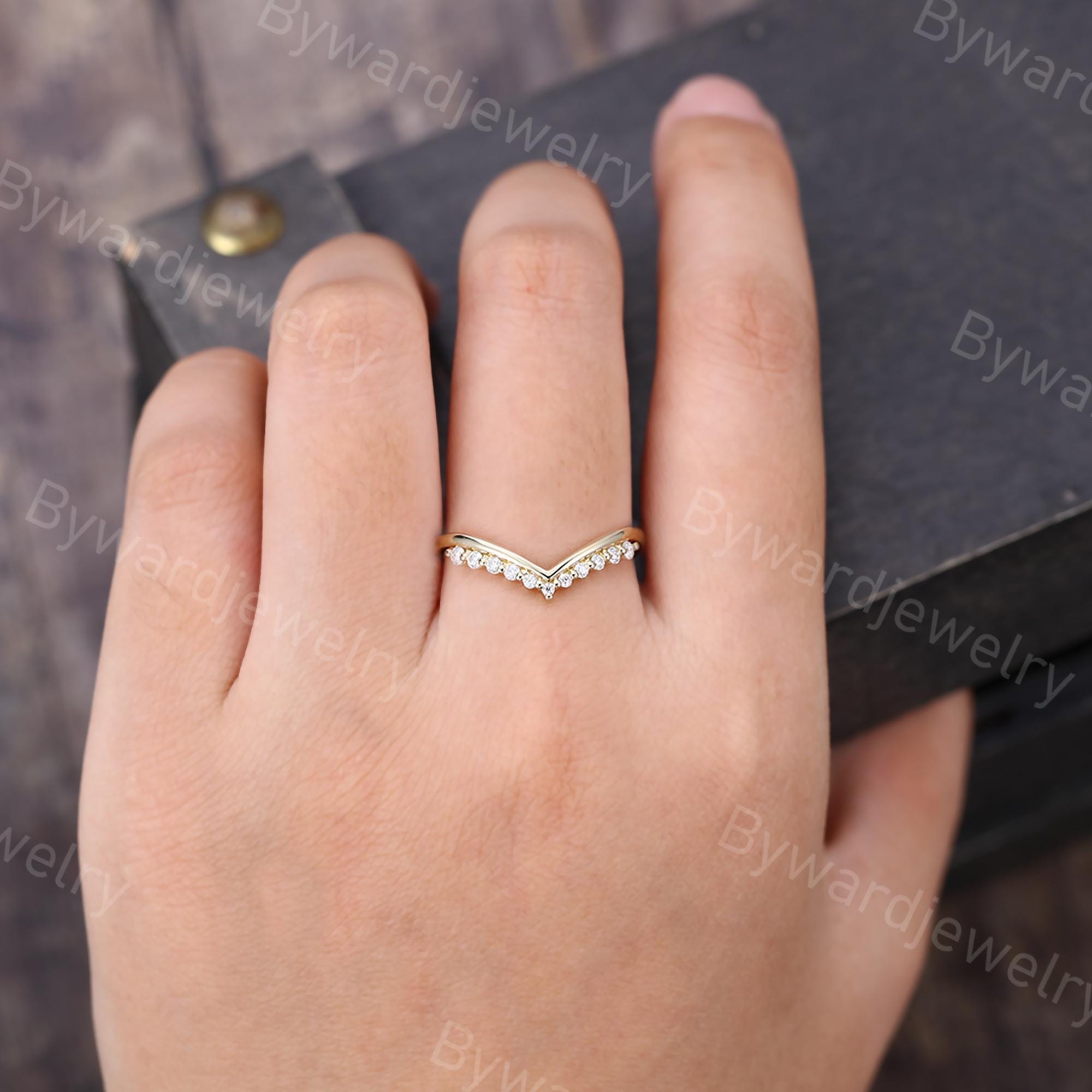 Moissanite Curved Wedding Band Unique Yellow Gold Wedding Band Vintage ...