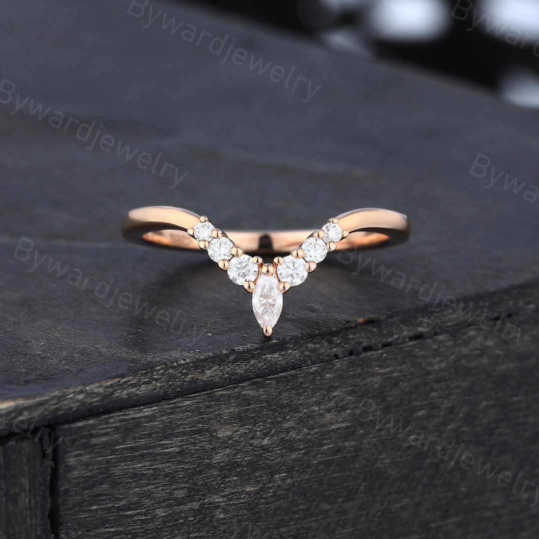 Marquise Cut Moissanite Curved Wedding Band Rose Gold Ring Diamond Ring ...
