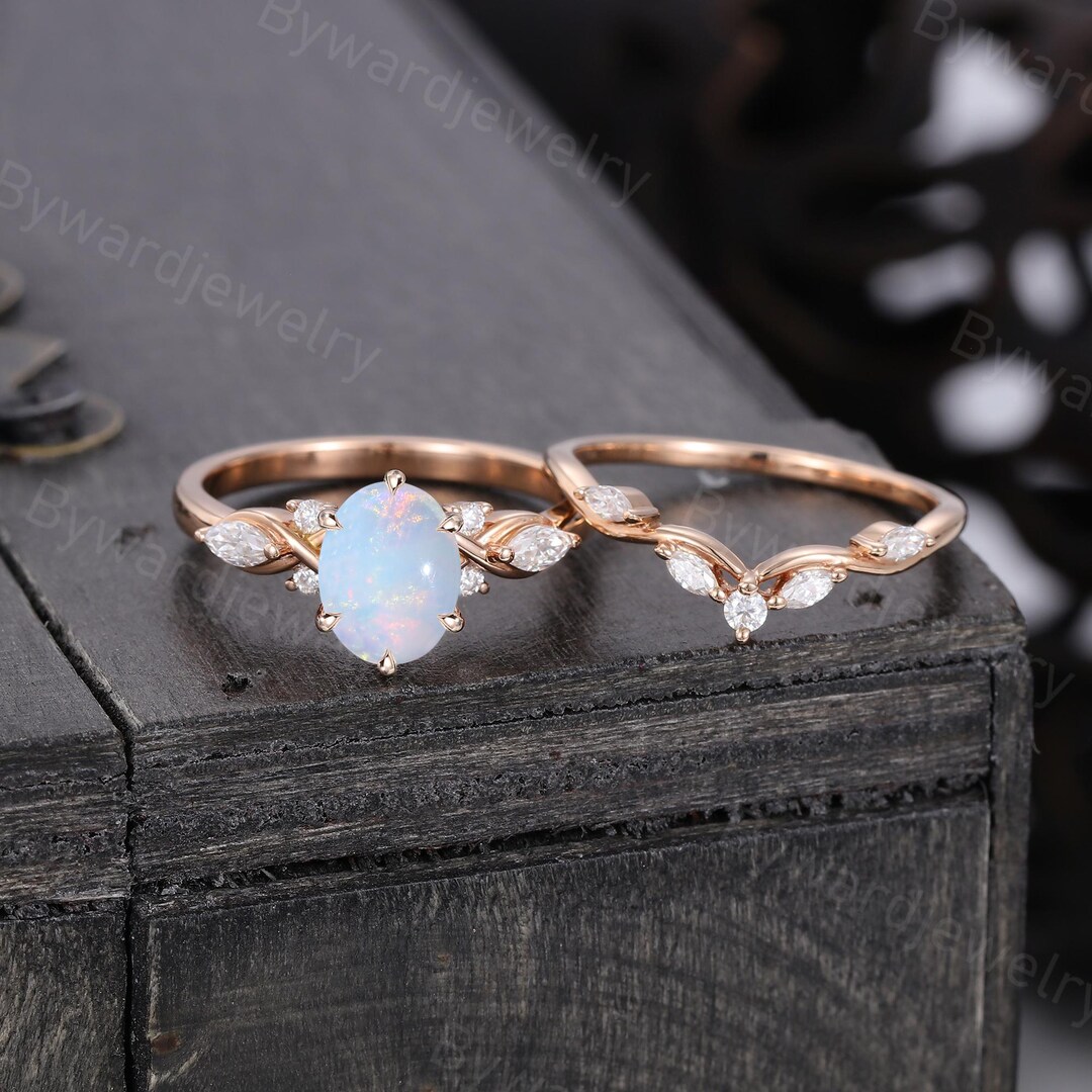 Oval Cut Opal Engagement Ring Set Unique Rose Gold Diamond Ring ...