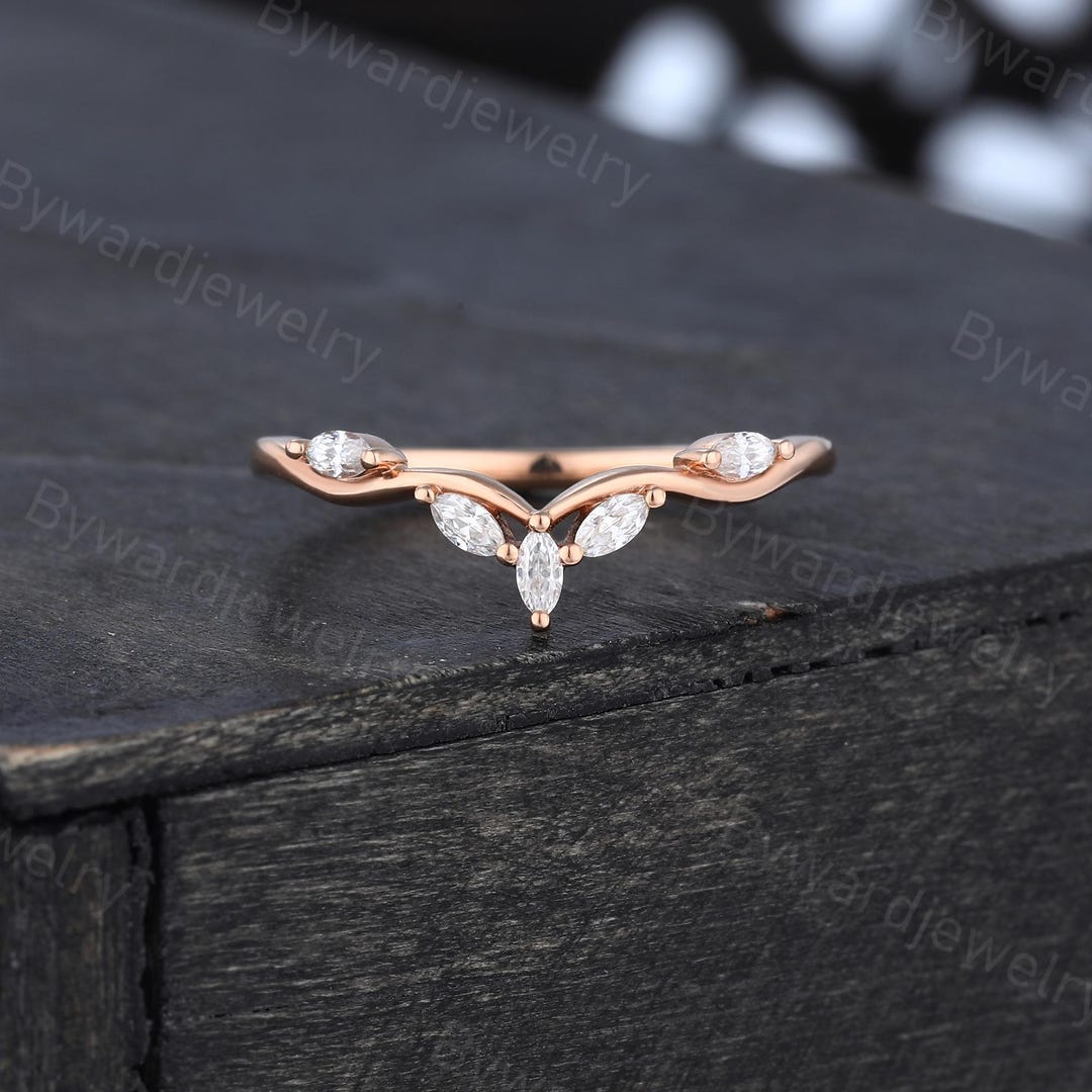 Marquise Cut Moissanite Curved Wedding Band Unique Rose Gold Ring ...