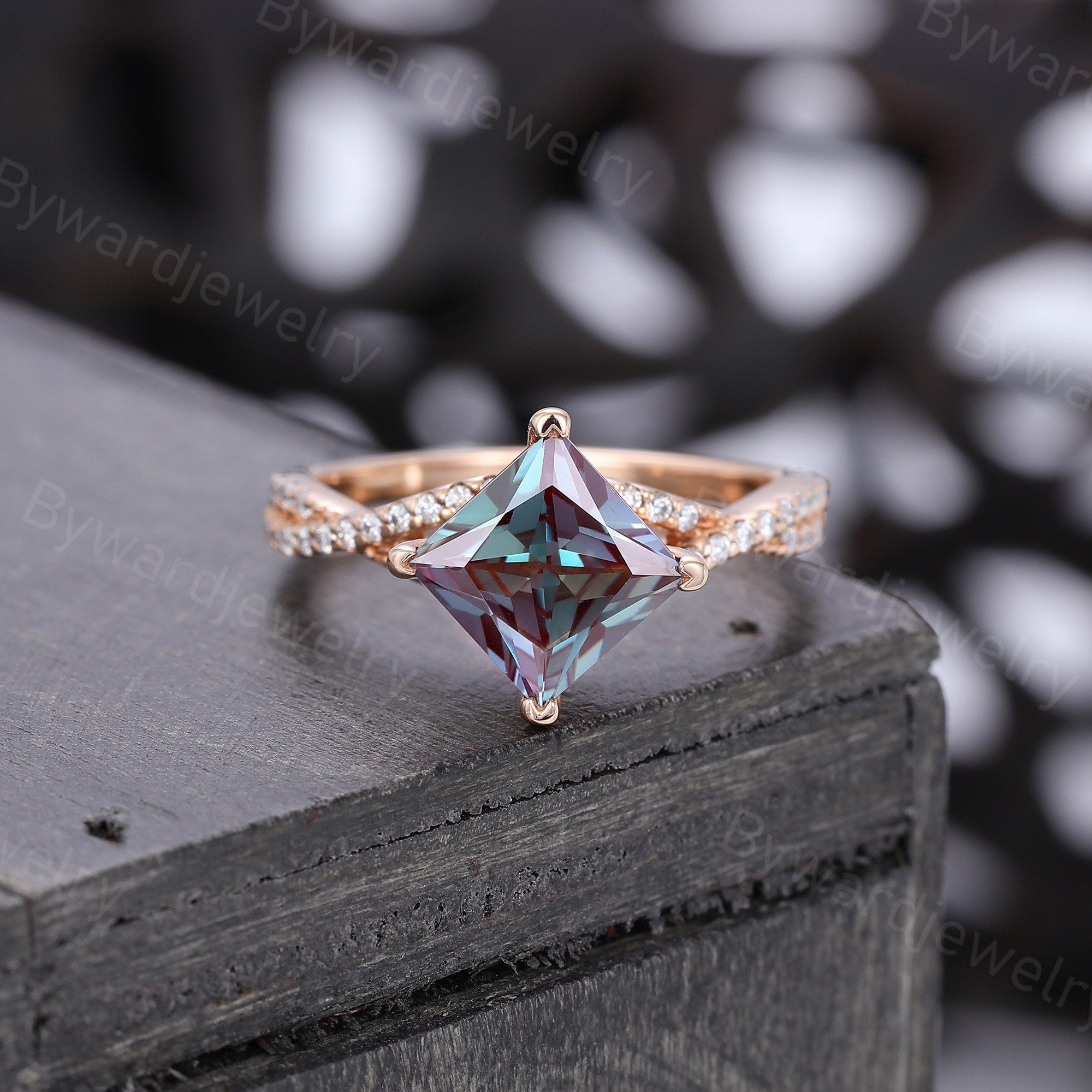 7mm Princess Cut Alexandrite Engagement Ring Unique Rose Gold Engagement Ring Woman Antique Diamond Wedding Bridal Promise Anniversary Ring Etsy