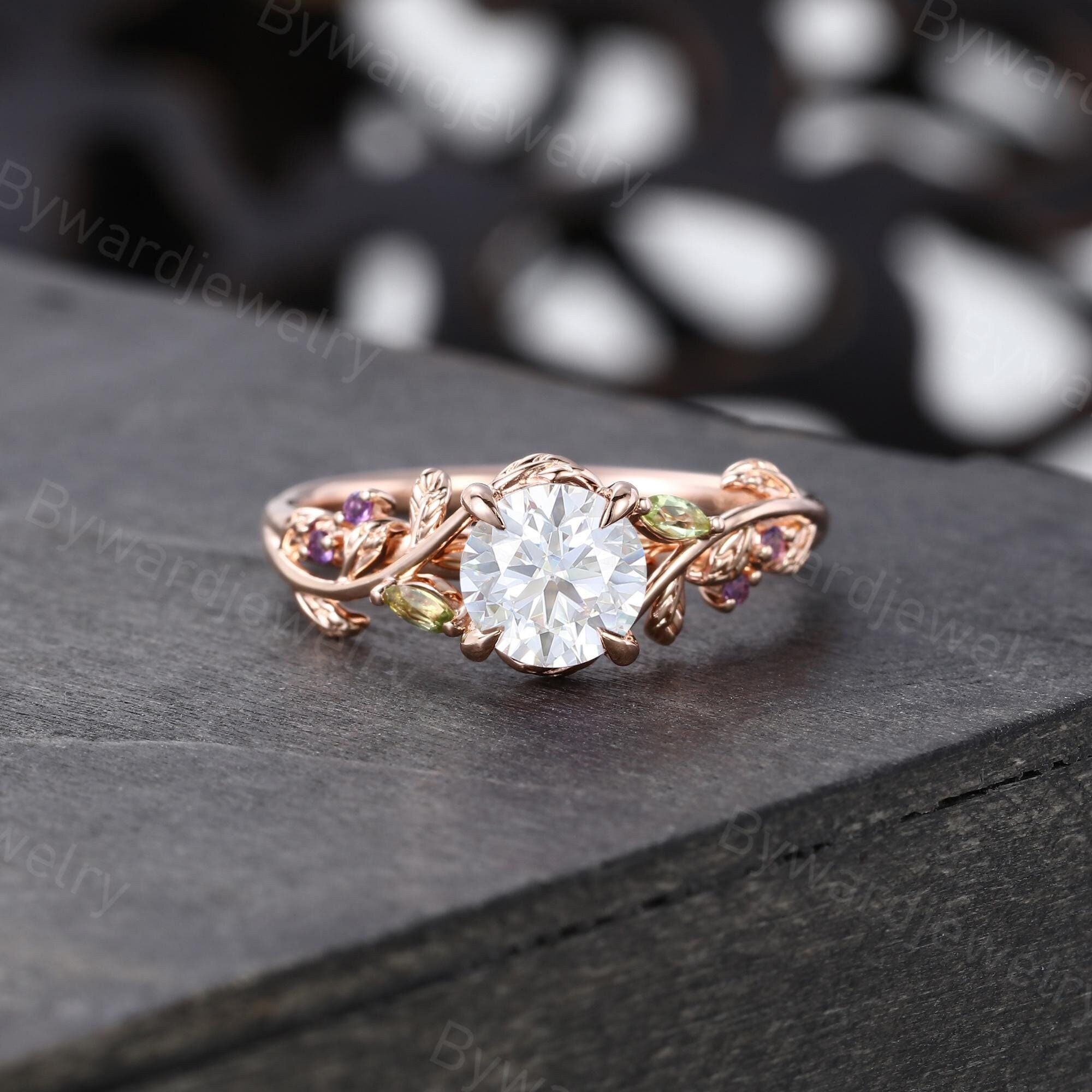 Unique Moissanite engagement ring Vintage Leaf ring Rose gold Marquise Peridot ring Amethyst ring Antique Bridal ring Anniversary ring