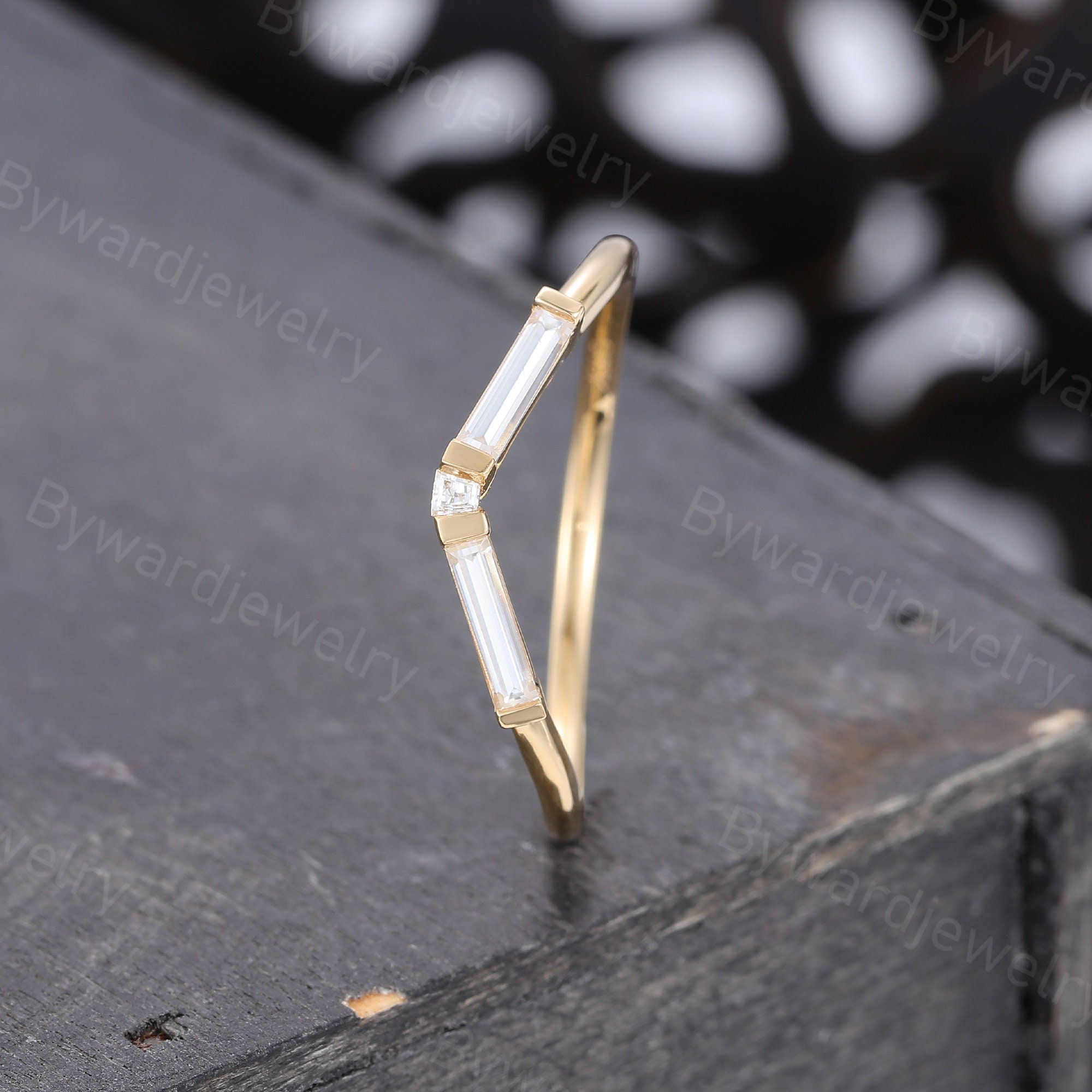 Baguette Cut Moissanite Wedding Band Woman Vintage Unique Yellow Gold ...