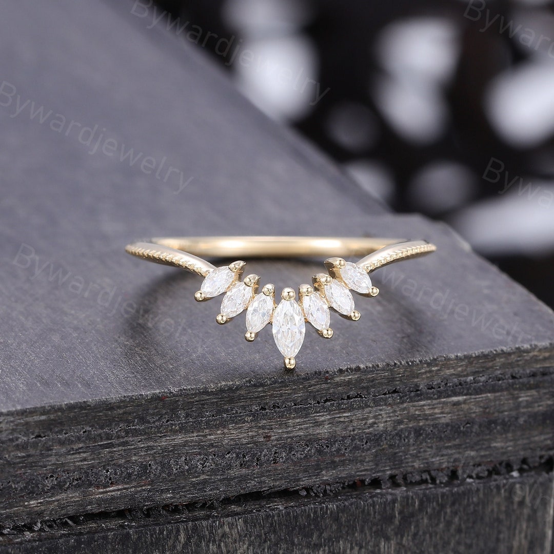 Delicate Marquise Cut Moissanite Curved Wedding Band Unique Yellow Gold ...