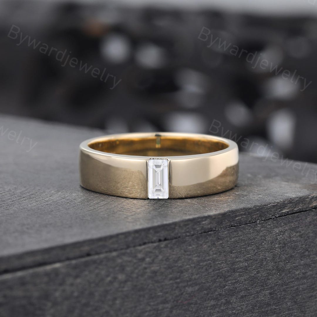 Baguette Cut Moissanite Wedding Band Unique Yellow Gold Ring Vintage ...