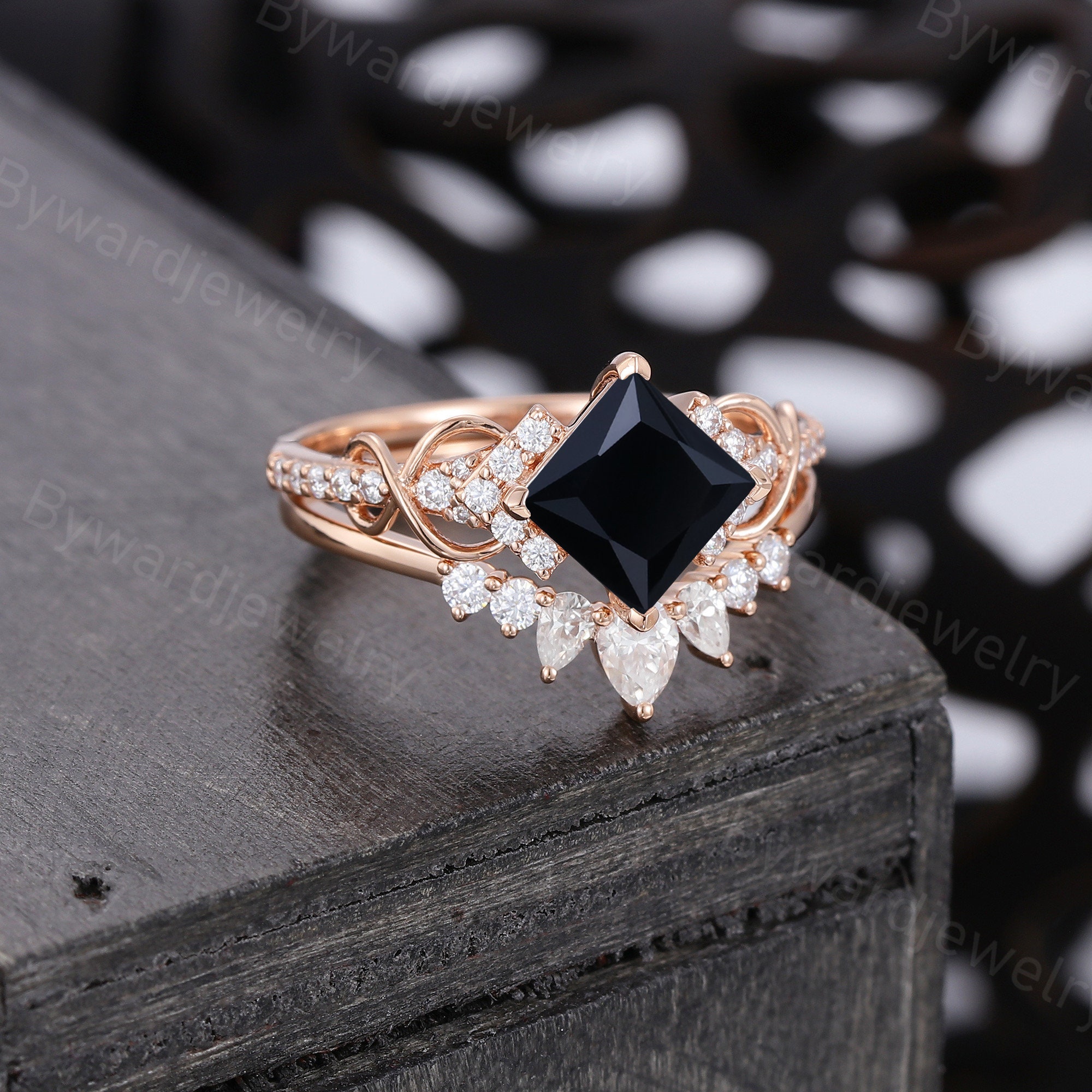 Princess Cut Black Onyx Engagement Ring Set Unique Rose Gold