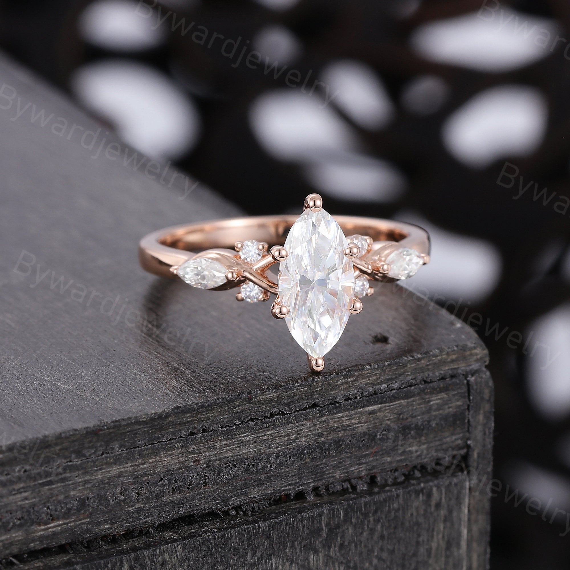 Marquise Cut Moissanite Ring Unique Rose Gold Engagement Ring